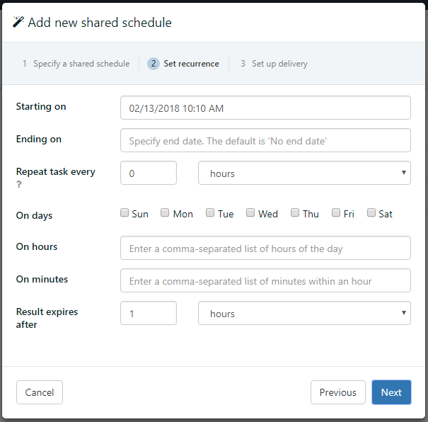 Recurrence options for scheduled report distribution