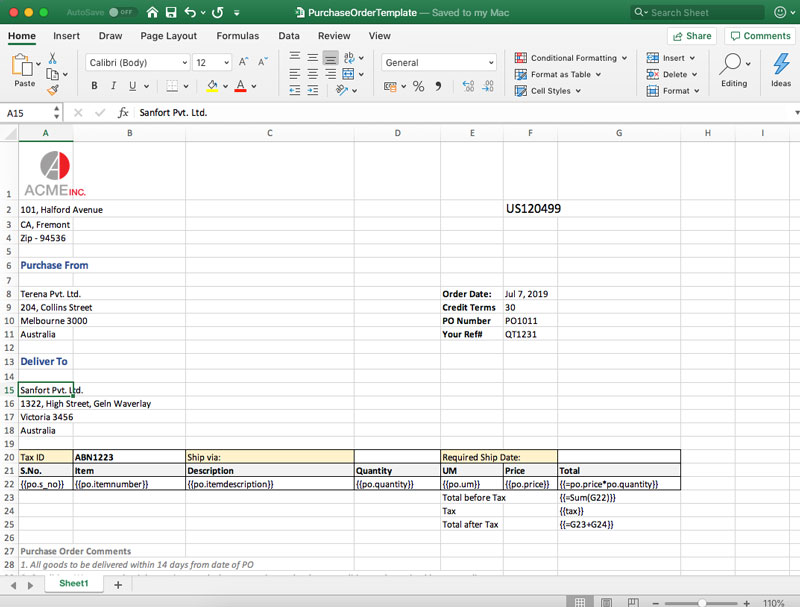 Generate Excel Spreadsheets for Purchase Orders