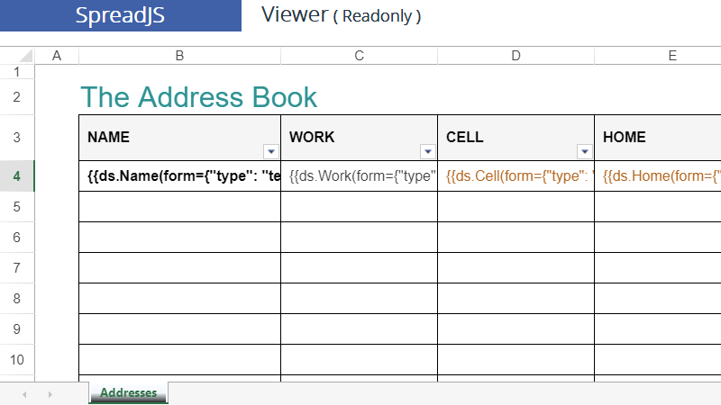 Textbox PDF Form Field sample Excel Template for Address Book