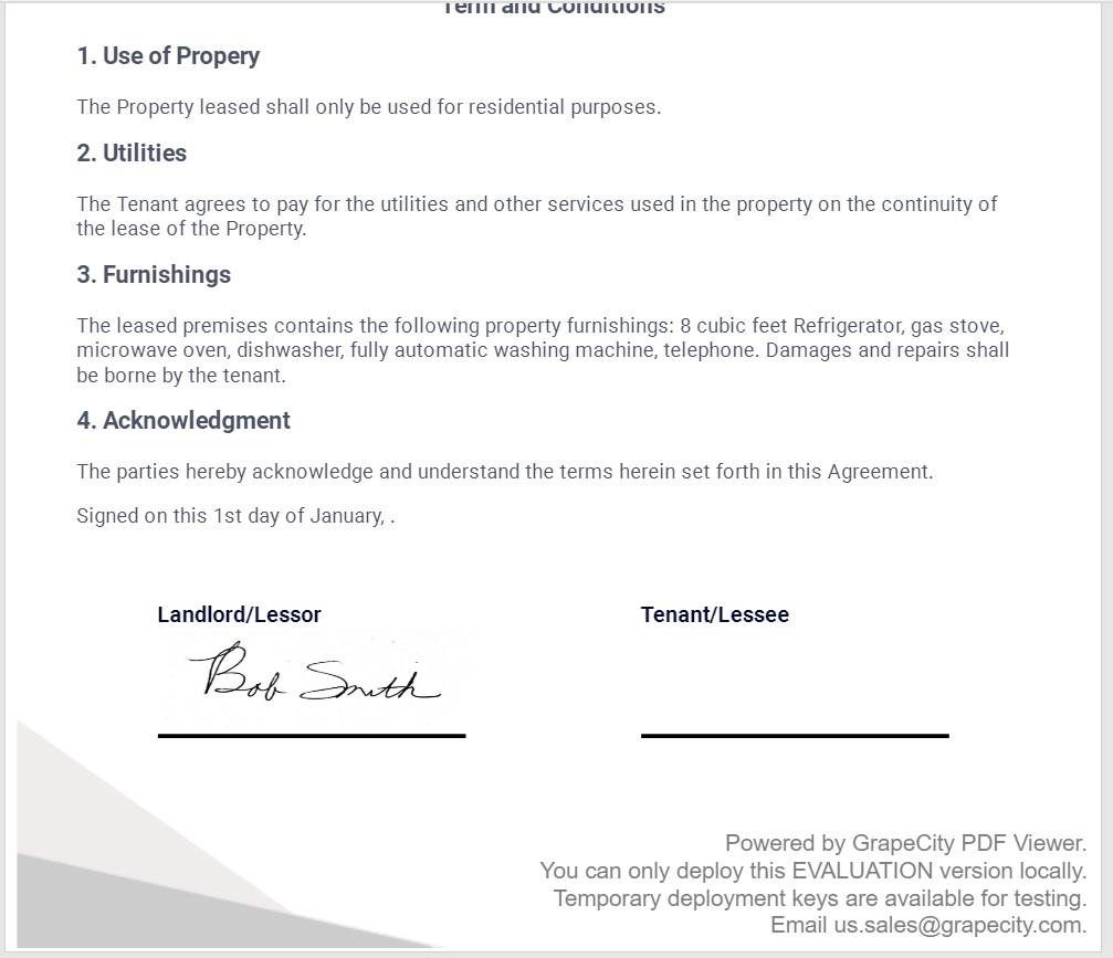 Signed lease example for inserting graphical Signatures using JavaScript and GcPdfViewer AP