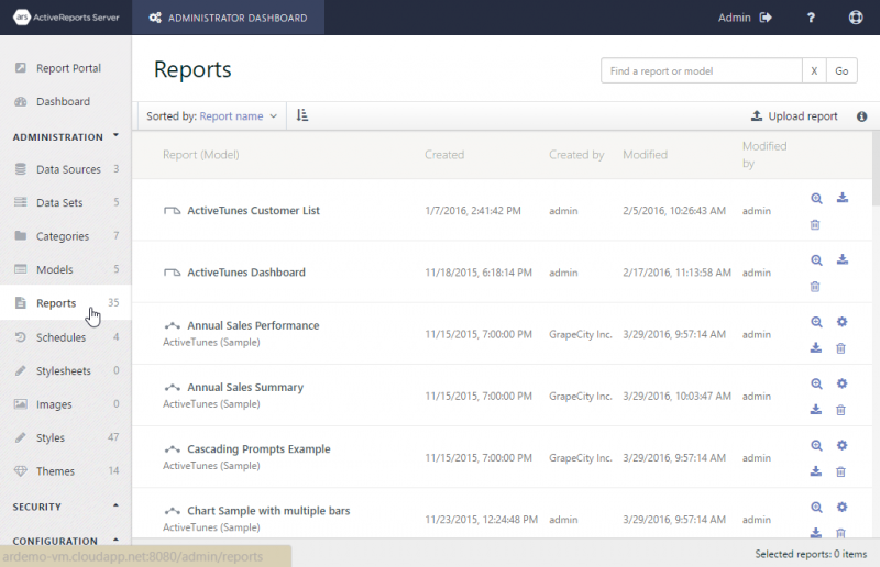 The Reports list in the Admin Dashboard