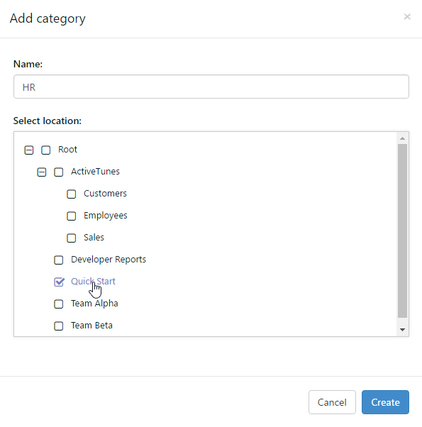 The Add category dialog with HR for the name and Quick Start for the location