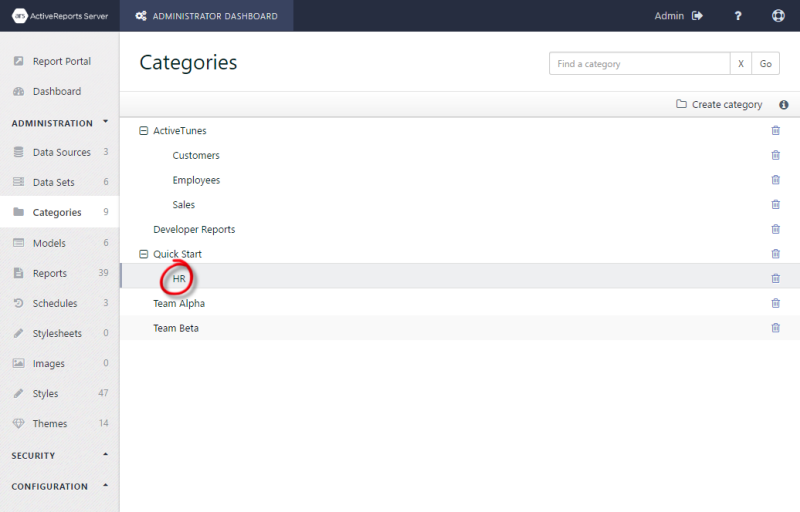The Categories page showing the HR category nested in the Quick Start category