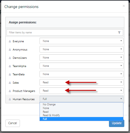 Change permissions dialog with Read set for two roles and Full set for HR role.