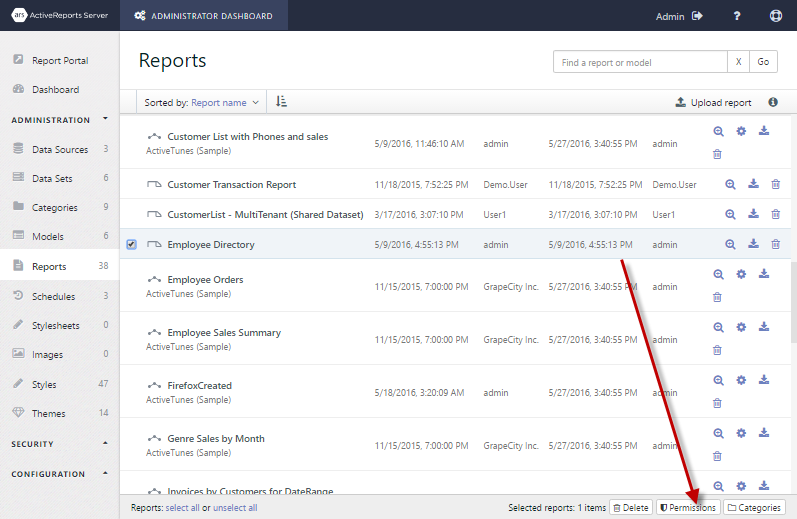 Employee Directory report selected to show the Permissions button