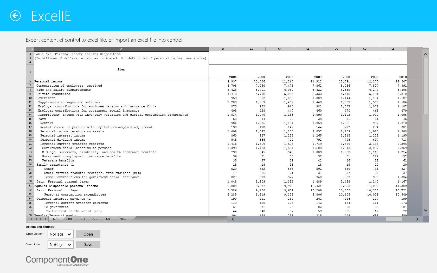 Spread WinRT Control Explorer demo showing an imported Excel workbook