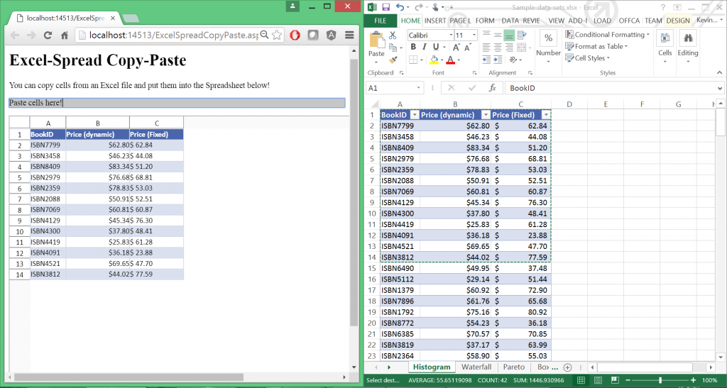 Copying a range of cells from Excel and pasting into Spread ASP