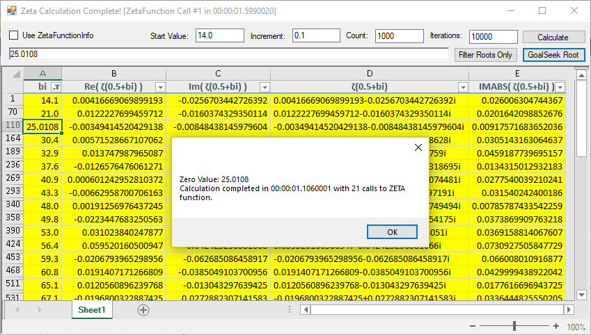 Figure 8 Spread.NET Zeta Calculator performing custom GoalSeek for a root value.