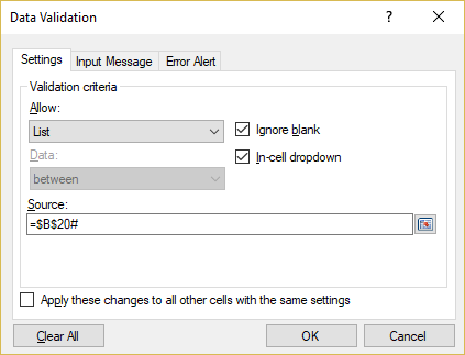 Data Validation list settings for the cell H5