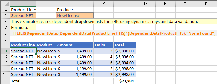 Filtered report generated from drop-down selections using FILTER function