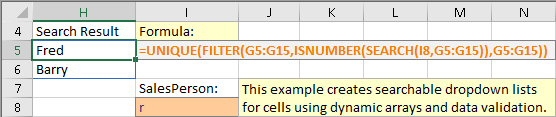 Formula generating list of unique names in SalesPerson containing the value in the cell I8