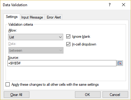 Figure 12 - Data validation list settings for the cell I8