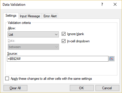 Figure 6-7 - Data Validation list settings for the cell J5