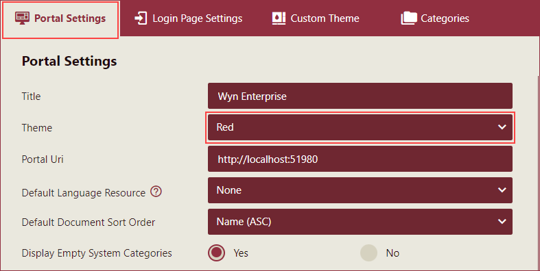 Navigate to the Portal Settings page - Theme section