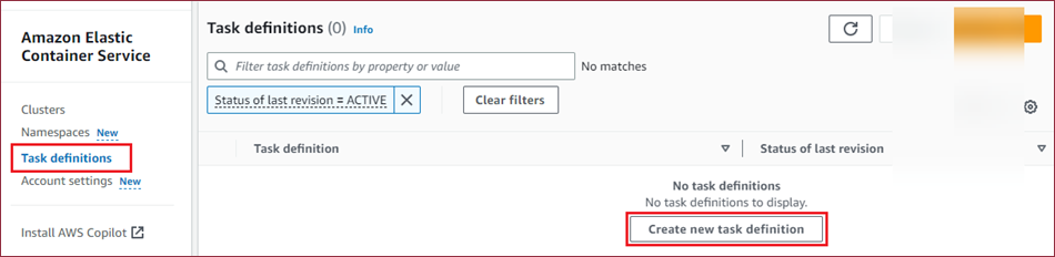 Create task definition - create new task definition button