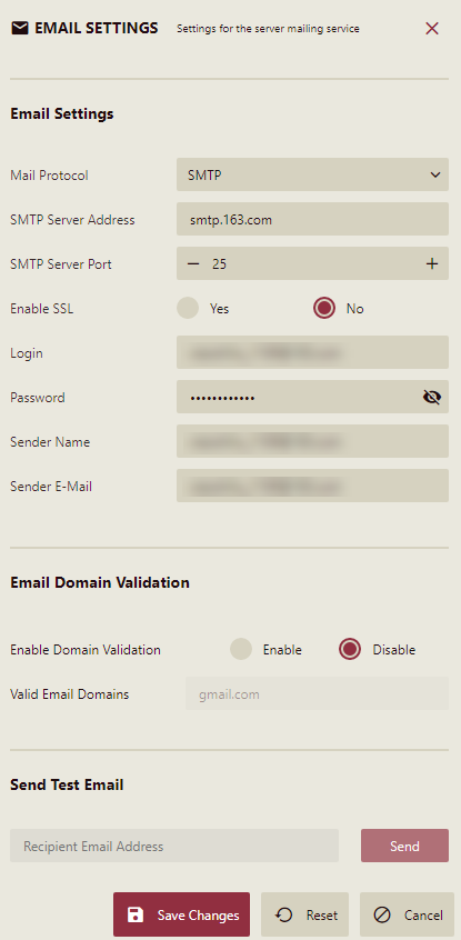 Configuring settings for the server mailing service