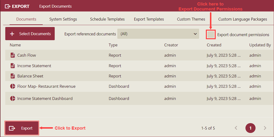 Exporting documents on the Export Page