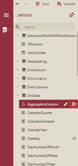 Delete aggregation column icon
