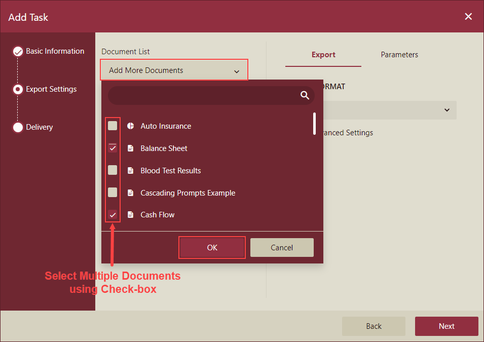 Document Binding - Export Settings on Add More Documents