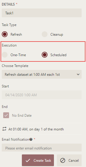 Setting the Execution field for the refresh task