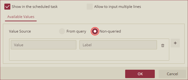 Parameter Settings dialog - Show in the scheduled task non-queried