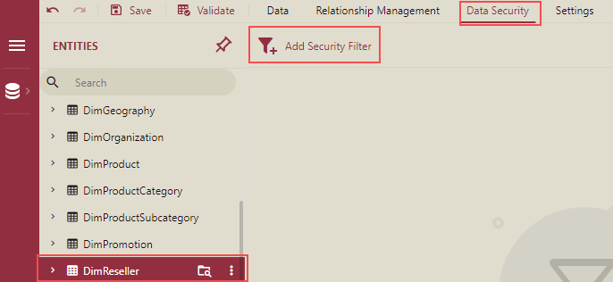 Click Data Security Tab