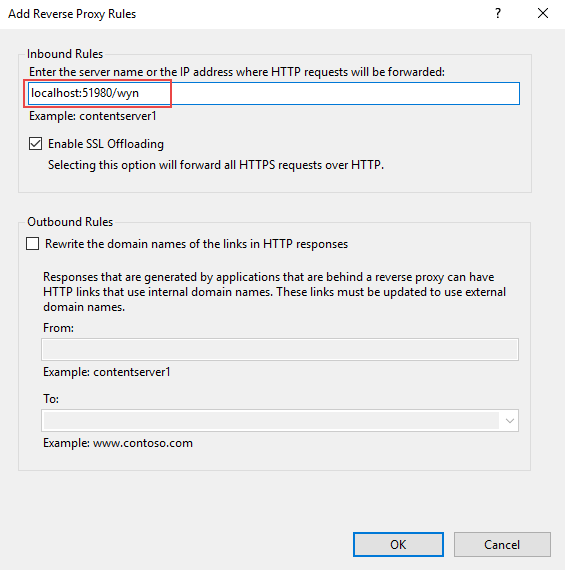 Entering the server name in the Add Rules dialog