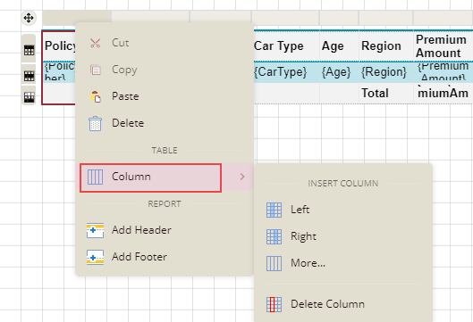 Using Context Menu to Insert Additional Columns in a Table