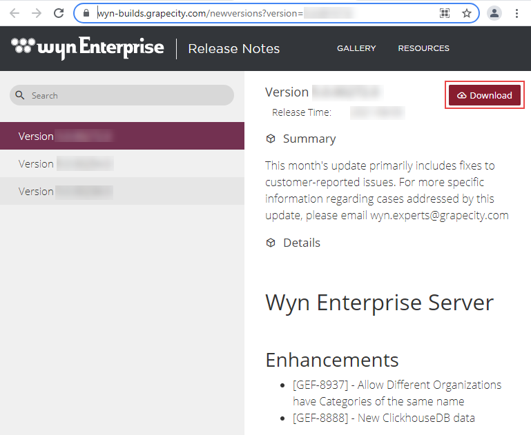 Wyn Enterprise Update window