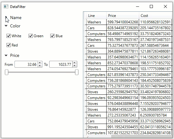 The image shows an accordion-style filter application.