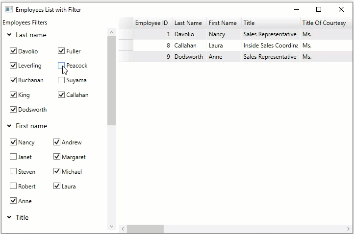 The application shows filtering in action.