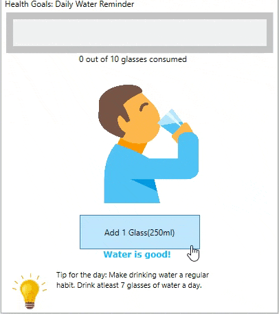 User clicking the button to increase the water intake in the WPF application