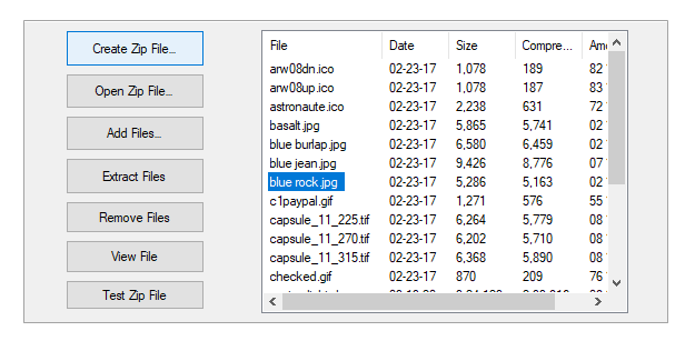 The image shows an application with buttons and listview, showing basic operations of Zip library.