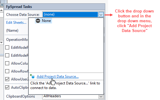 Choose Data Source dropdown in FpSpreadTasks menu
