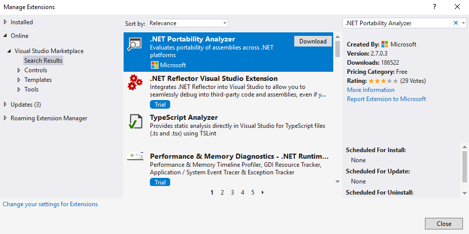 Manage Extensions dialog