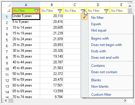 Control with a filter bar