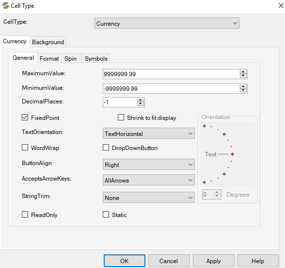 Spread Designer Cell Type Dialog Currency Tab