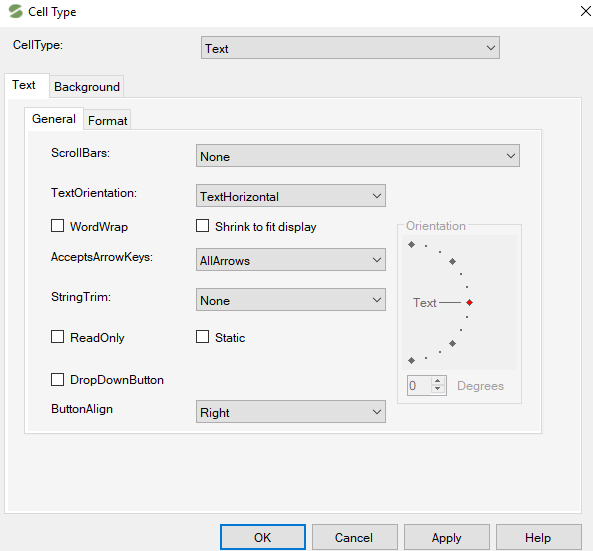 Spread Designer Cell Type Dialog Text Tab