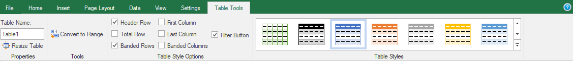 Insert Tables Menu