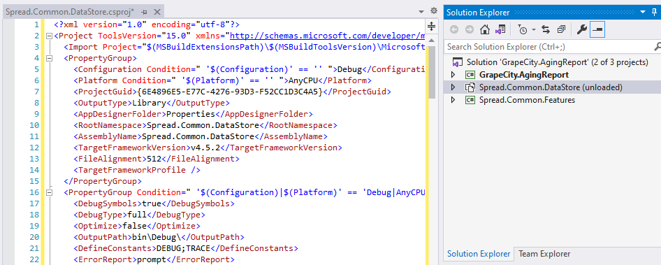 Editor window displaying Spread.Common.DataStore.csproj file
