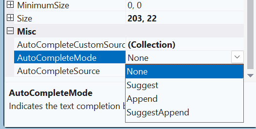 AutoCompleteMode Options