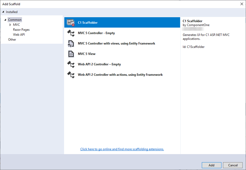 Showing C1 MVC Scaffolding template in Add Scaffolding Wizard