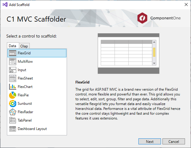 Selected a control from the C1 MVC Scaffolder Wizard