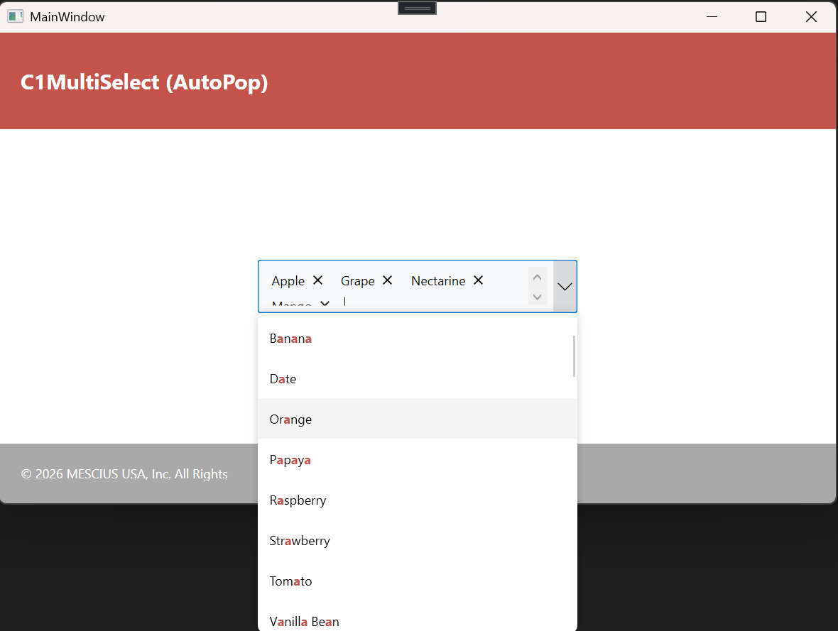 WPF C1MultiSelect - Multiple items selected from the AutoSuggest popup using SelectMultiple mode.