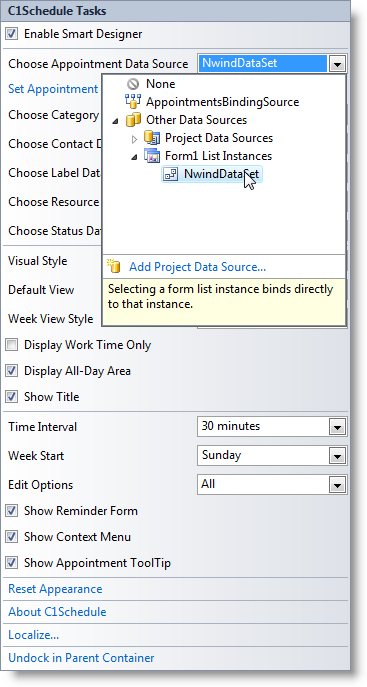 C1WinForms adding project data source