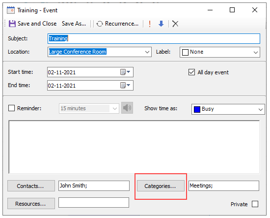 C1WinForms Scheduler categories dialog box