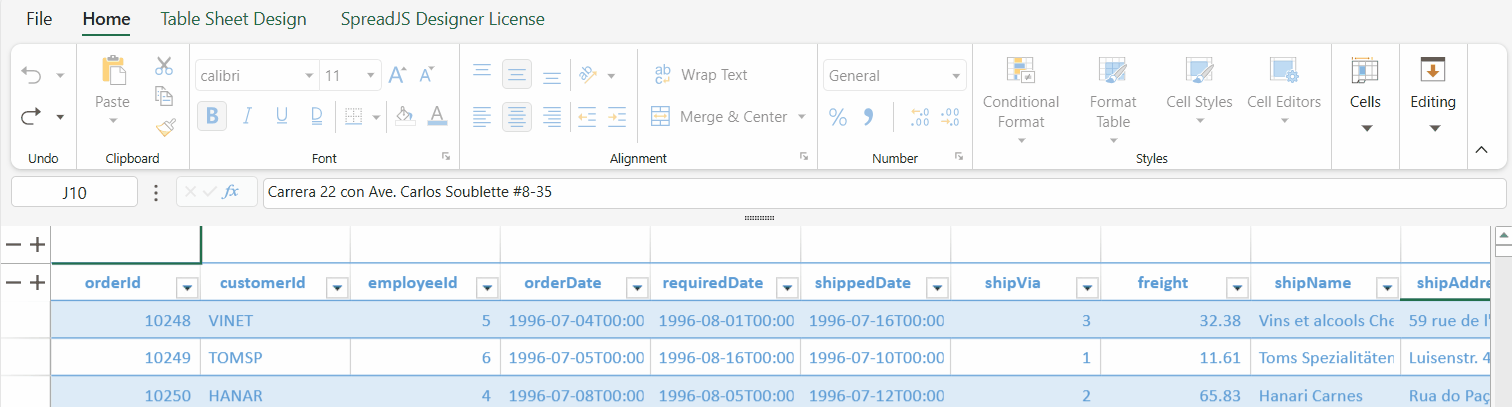 SpreadJS TableSheet free header area editing workflow showing a cell entering edit state for values, styling, and grouped columns.