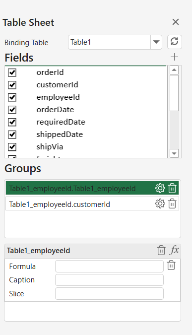 SpreadJS Designer TableSheet side panel showing settings for aggregation formula, caption, and grouping fields on the right side.