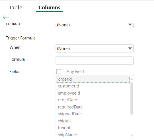 SpreadJS Designer DataSource Columns tab showing the Trigger Formula section for configuring formulas on selected data source columns.
