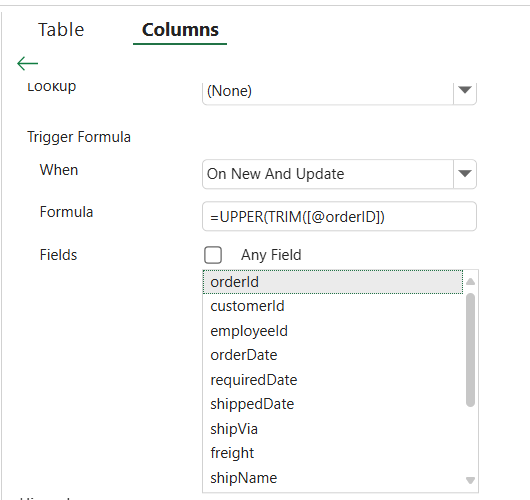 SpreadJS Designer Trigger Formula settings showing When options, Formula textbox, Any Field checkbox, and field selection dropdown.